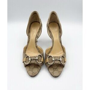 Gucci Beige Monogram Open-Toe Horsebit Heels